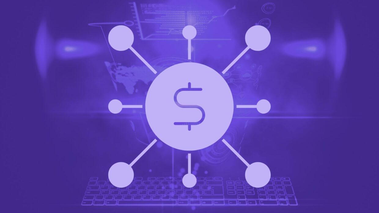 A graphic depicting a central dollar symbol surrounded by circular nodes, set against a purple background with faint world map and digital elements, conveying themes of finance and connectivity.