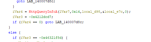 A snippet of source code in a programming language, displaying a function call to HttpQueryInfoA, variable assignments, and conditional statements with hexadecimal values.