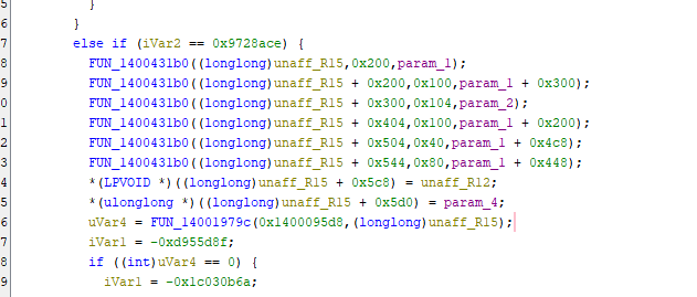 A snippet of computer code written in a programming language featuring conditional statements and function calls. It includes variable assignments, hexadecimal values, and a function named FUN_1400431b0.