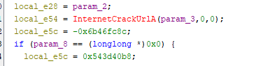 A segment of code showing variable assignments in a programming language. It includes function calls and a conditional statement checking if 'param_8' equals a specific memory address.