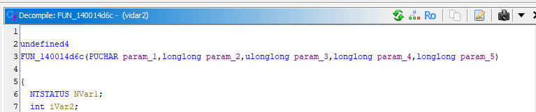 Code snippet showing a decompiled function named FUN_14001466c, which takes several parameters including long and ulonglong types. It also declares variables for status and an integer.