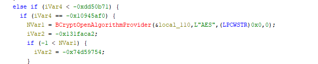 Code snippet in a programming language featuring conditional statements using hexadecimal values. It includes function calls for cryptography, specifically referencing AES encryption and local string parameters.