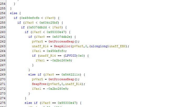 A segment of computer code showing multiple conditional statements with hexadecimal values and function calls. The code appears to involve memory allocation, process management, and heap operations within a software program.