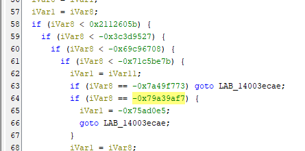 A snippet of computer code displayed in a text editor, showing conditional statements and variable assignments in a programming language, likely C or C++. The code includes hexadecimal values and labels for control flow.
