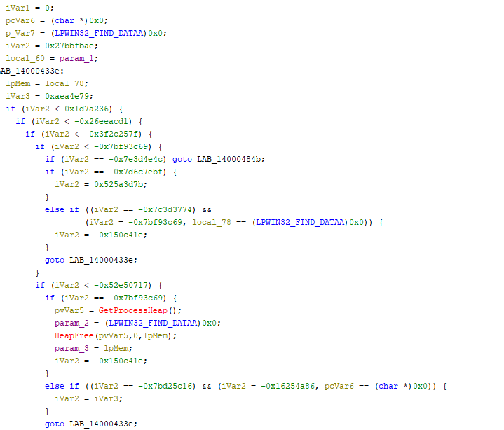 A snippet of C-style programming code displaying variable initializations, conditional statements, and function calls. Each segment includes comparisons and memory handling functions like 'HeapFree'.