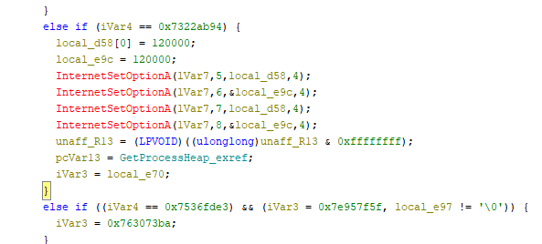 A snippet of computer code showing conditional statements and function calls. It includes variables, settings for Internet options, and memory address handling, with portions highlighted in red and green for visibility.