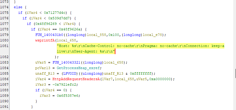 A portion of source code displayed on a screen with highlighted lines. The code contains functions and parameters related to HTTP requests, including headers for cache control and connection settings.