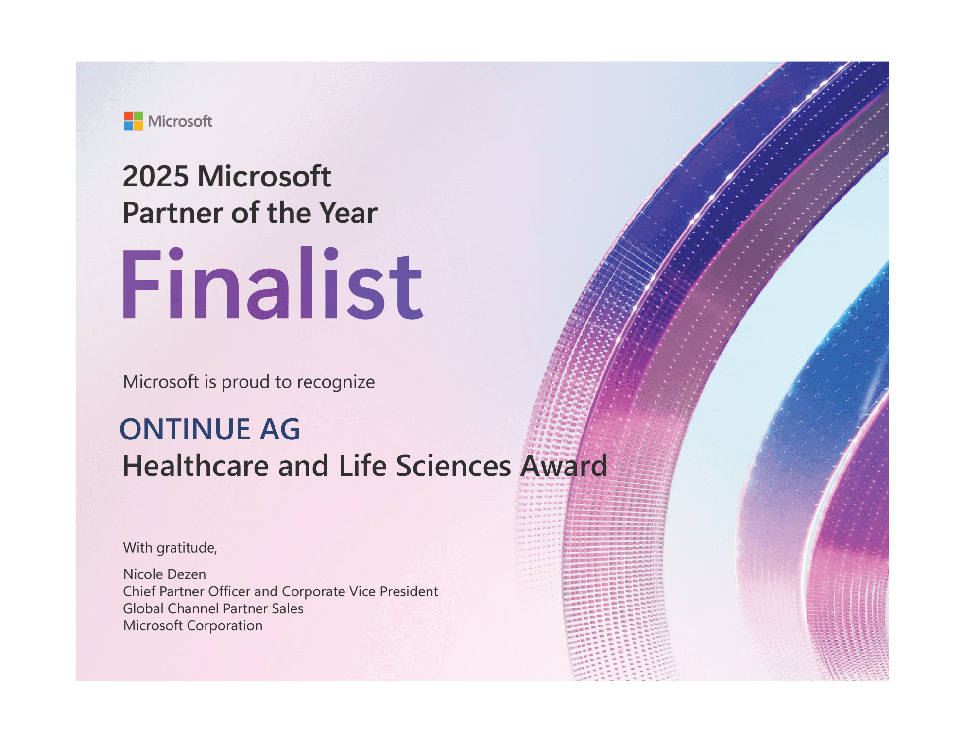 A certificate recognizing ONTUNE AG as a finalist for the 2025 Microsoft Partner of the Year in the Healthcare and Life Sciences Award category, signed by Nicole Dezen, Microsoft Chief Partner Officer.