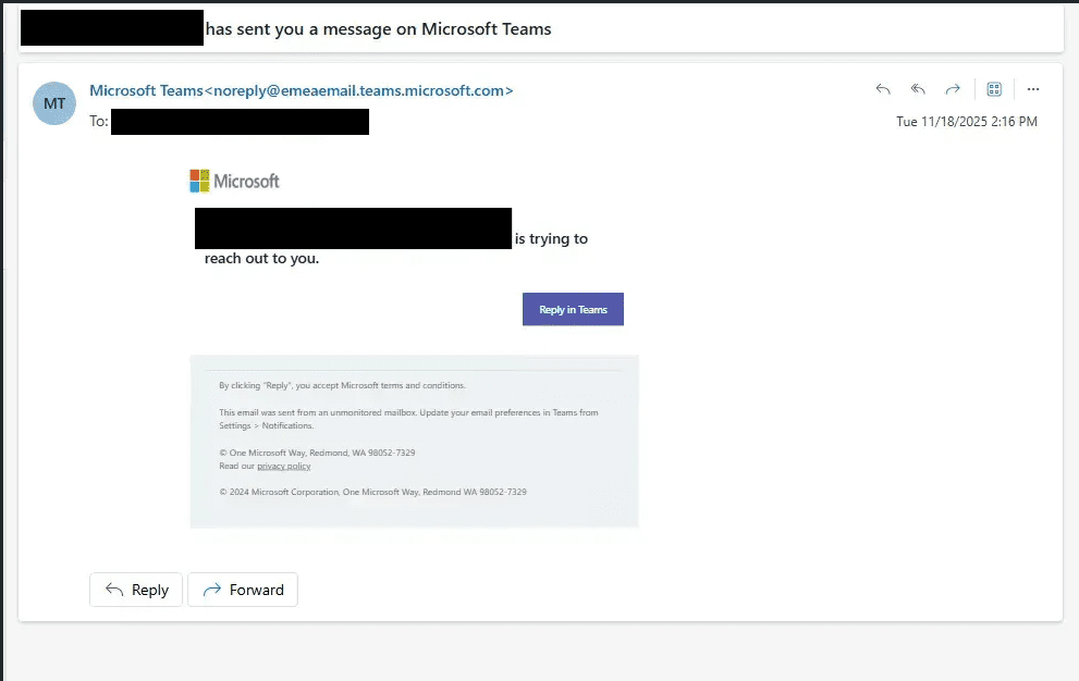 An email notification from Microsoft Teams indicating a message from a contact. It provides options to reply in Teams, along with Microsoft’s terms and conditions.