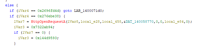 A snippet of computer code featuring conditional statements and variable assignments, including checks for specific hexadecimal values and function calls related to HTTP requests.
