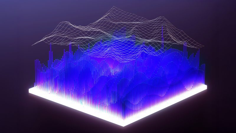 A 3D visual representation of sound waves with varying heights, depicted in shades of blue and purple. The design features a glowing white base and a mesh network across the top, resembling abstract mountains.