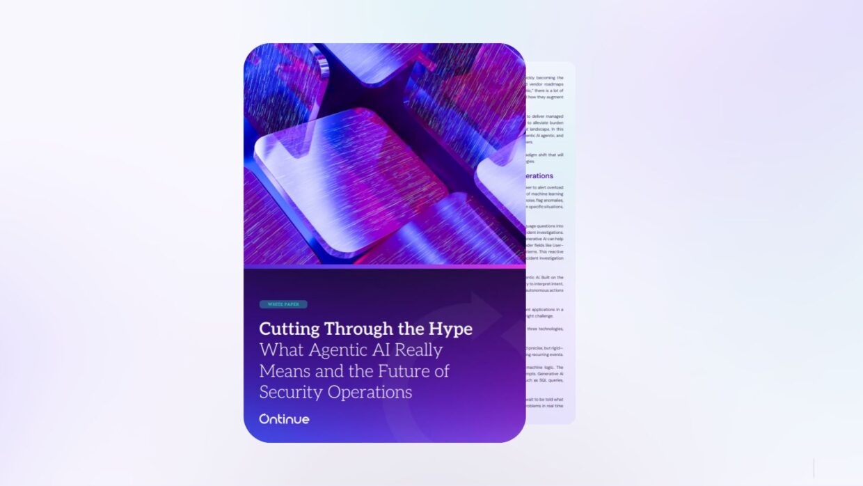 A digital cover titled 'Cutting Through the Hype: What Agentic AI Really Means and the Future of Security Operations,' featuring abstract patterns in shades of blue and purple, with a white sidebar containing text.
