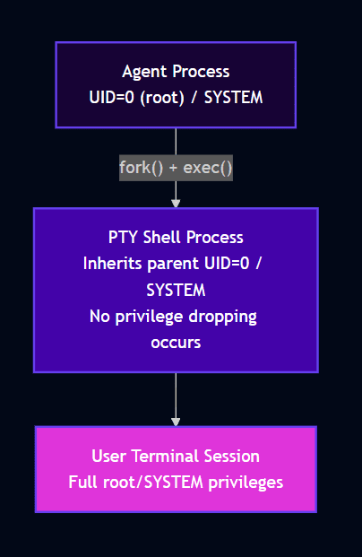 A flowchart illustrating the process hierarchy in a system. It shows an Agent Process at the top with UID=0, which forks and executes to create a PTY Shell Process inheriting the parent’s UID and allowing for a User Terminal Session with full root privileges.