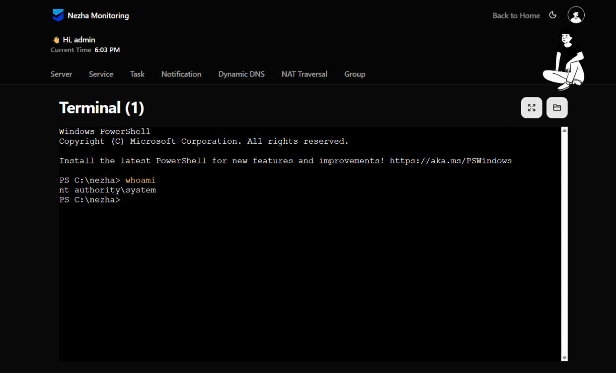 A computer terminal window displaying Windows PowerShell. The terminal shows system information and commands, including "whoami" and "mt authoritysystem." The interface features a dark theme with navigation options on the top.
