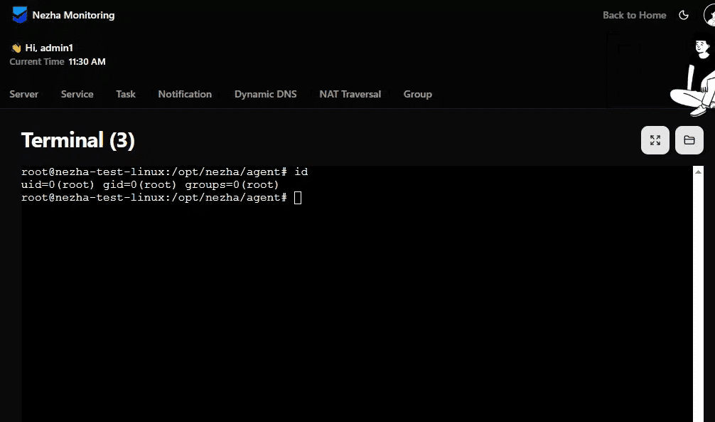 A screenshot of a terminal window showing a command prompt on a black background. The command 'id' is executed, displaying the user as 'root' with user ID 0 and group ID 0. The interface is labeled with 'Nezha Monitoring' and shows the current time.