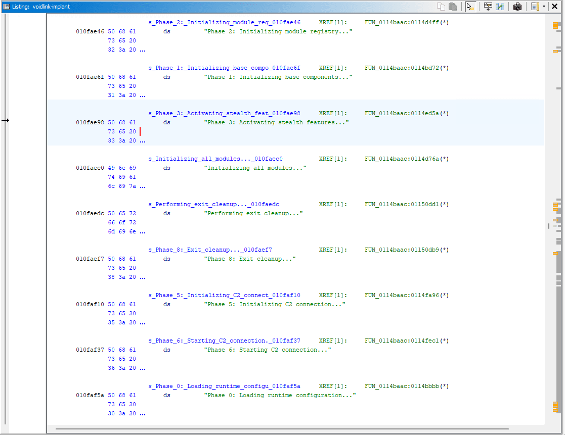 A screenshot of a coding interface showing log outputs related to module initialization and cleanup processes. Each line contains a phase status with corresponding codes and messages indicating system status.