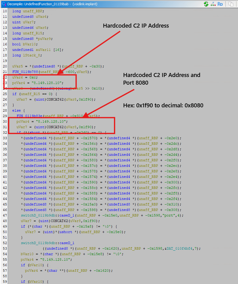 A screenshot of code in a decompiling tool, featuring highlighted text indicating a hardcoded IP address '128.128.120.107' and port '8080'. The code includes hexadecimal values and variable assignments, showcasing programming elements.