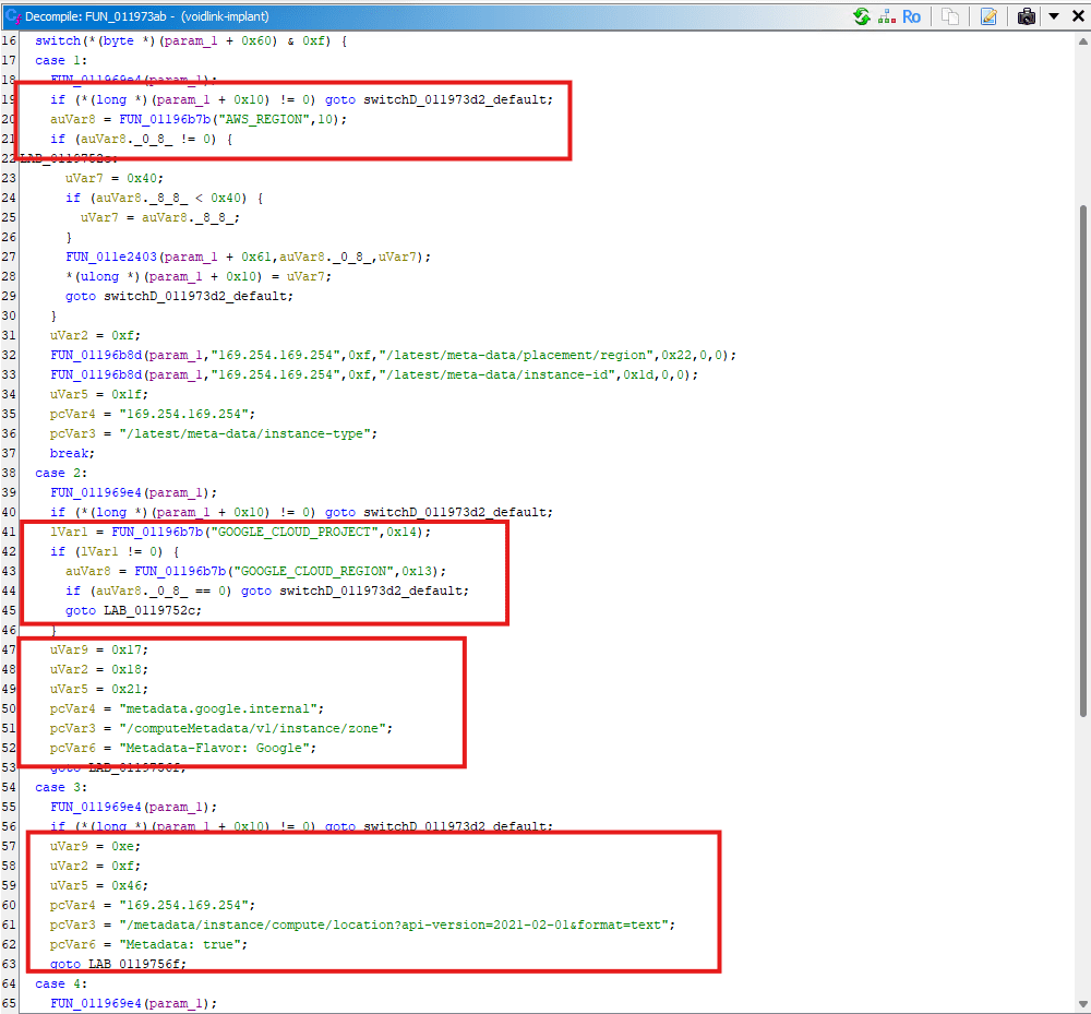A screenshot displaying code in a programming environment, featuring highlighted sections in red. The code shows various case statements related to specific parameters, including references to metadata and network addresses.