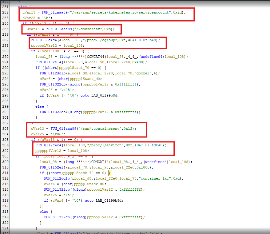 A screenshot of code snippets showing variable assignments and function calls in a programming context, with several lines highlighted in red. The code appears to involve Kubernetes and Linux file paths.