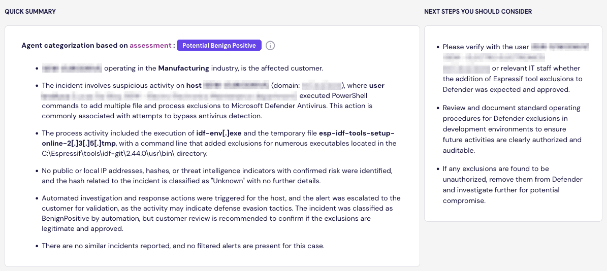 A screenshot of a security incident report detailing suspicious activity involving Microsoft Defender Antivirus, including executed PowerShell commands and exclusions for various executables related to security validation.