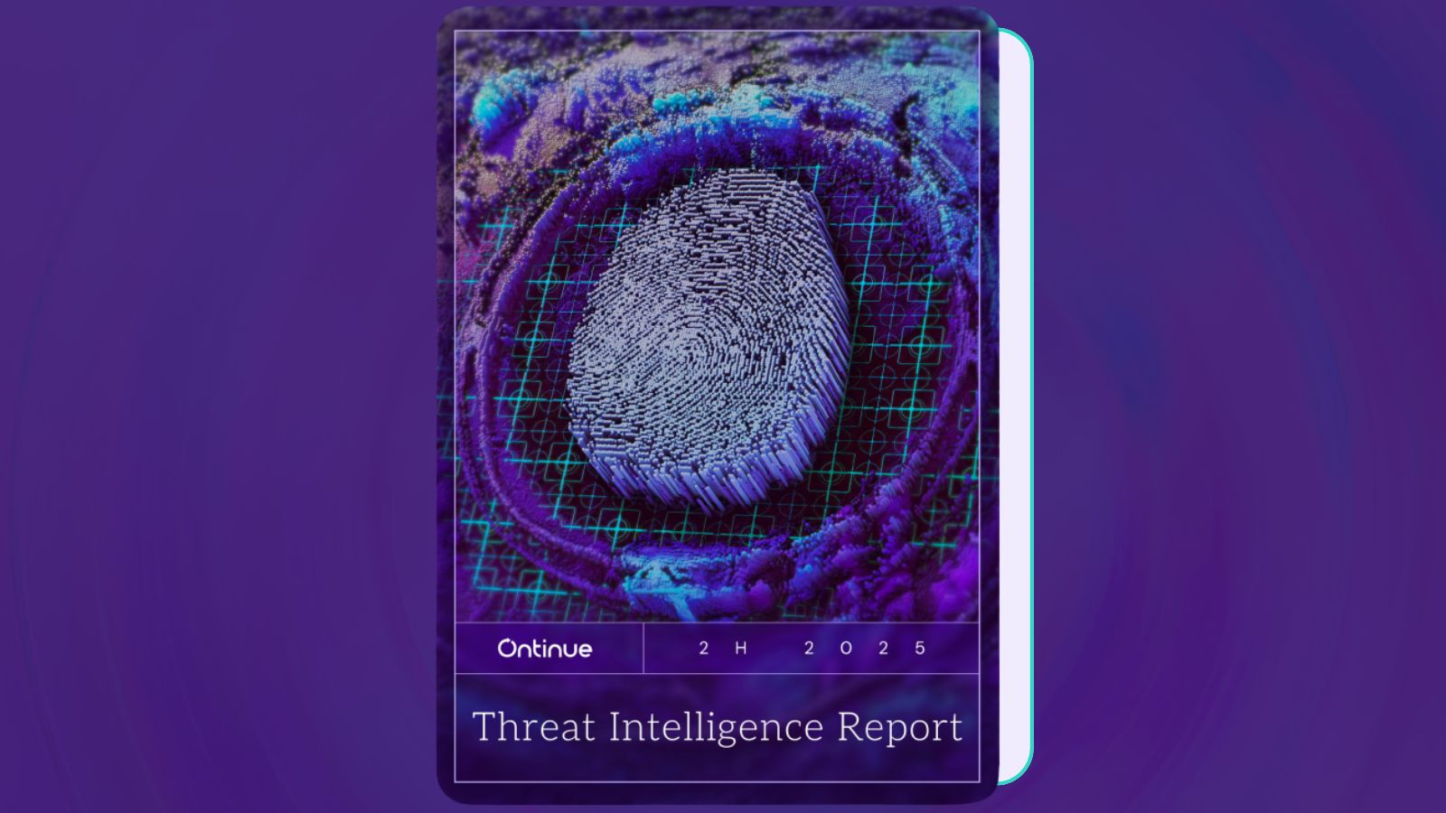 A digital cover of a report titled 'Threat Intelligence Report' by Onkive, featuring a 3D fingerprint graphic on a grid background, with a purple gradient backdrop.