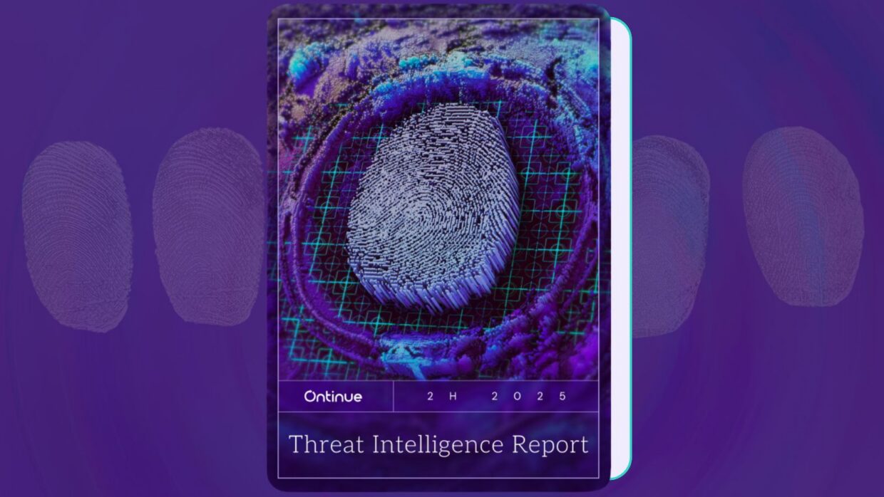 A digital representation of a fingerprint surrounded by a grid pattern, with the title 'Threat Intelligence Report' at the bottom. The background is purple, and there are additional faint fingerprints displayed on the sides.
