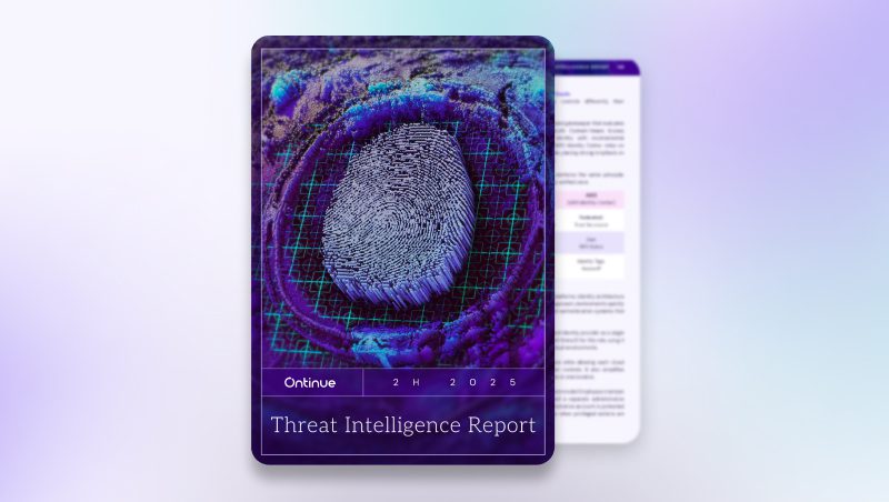 A digital mockup of a "Threat Intelligence Report" by Oncontinue, featuring a stylized fingerprint on a purple and blue background. A summary page is displayed to the right, showing text in a clean layout.