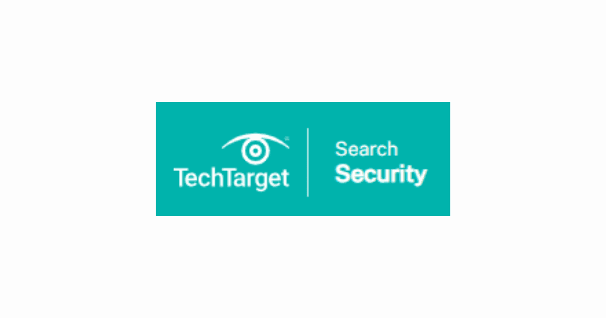 A logo featuring the text 'TechTarget' in white on a teal background, with a symbol of an eye above the text. To the right, the words 'Search Security' are displayed in a darker teal color.