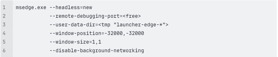 A code snippet shows an msedge.exe launch command with flags for headless mode, remote debugging, a temporary user data directory, and disabled background networking.