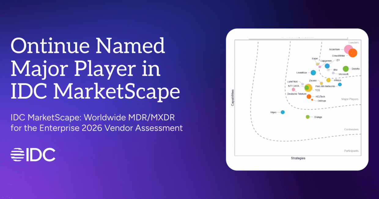 A purple IDC title slide reading "Ontinue Named Major Player in IDC MarketScape" with a small market positioning chart on the right and the IDC logo at bottom left.