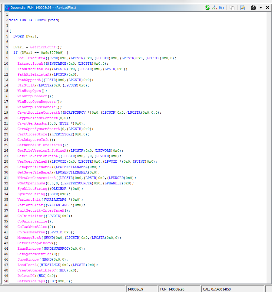 A decompiled function displayed in a code analysis window, with numbered lines and color-coded API calls in a white editor pane.