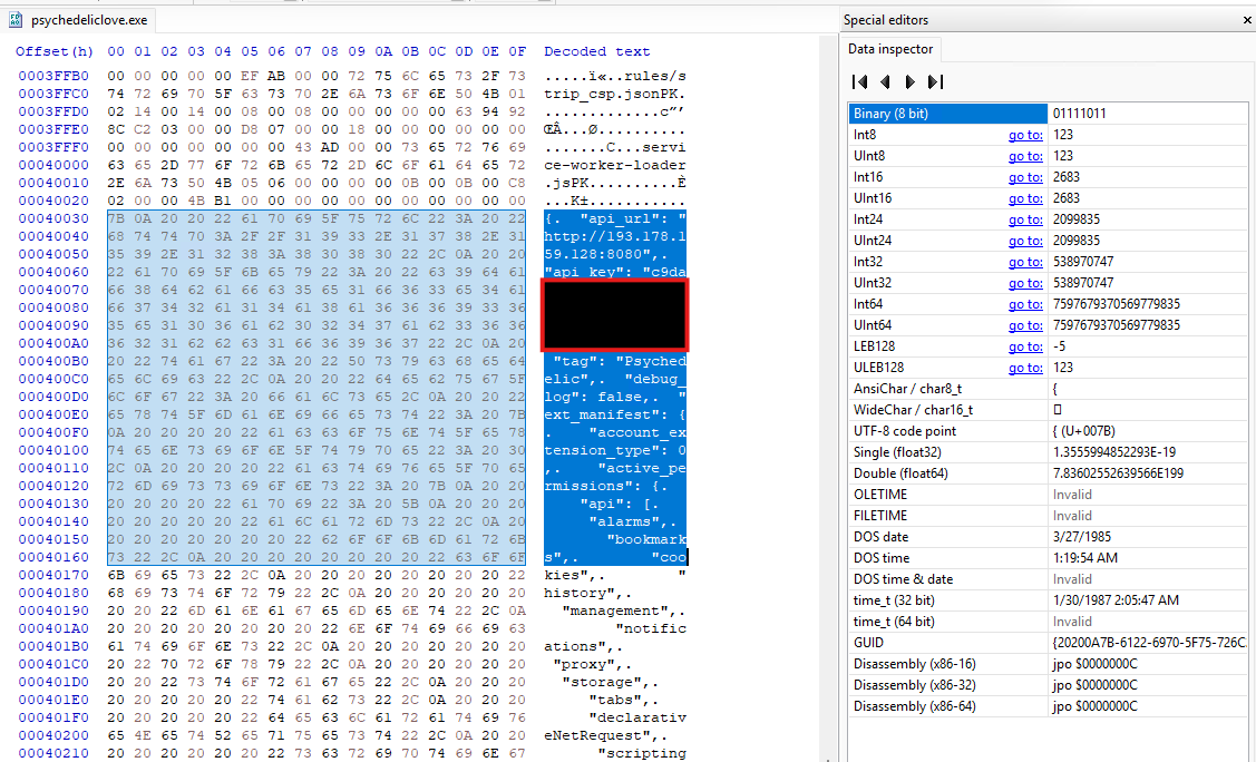 A hex editor window displays file data and decoded text, with a selected block highlighted in blue and a redacted section in the center.