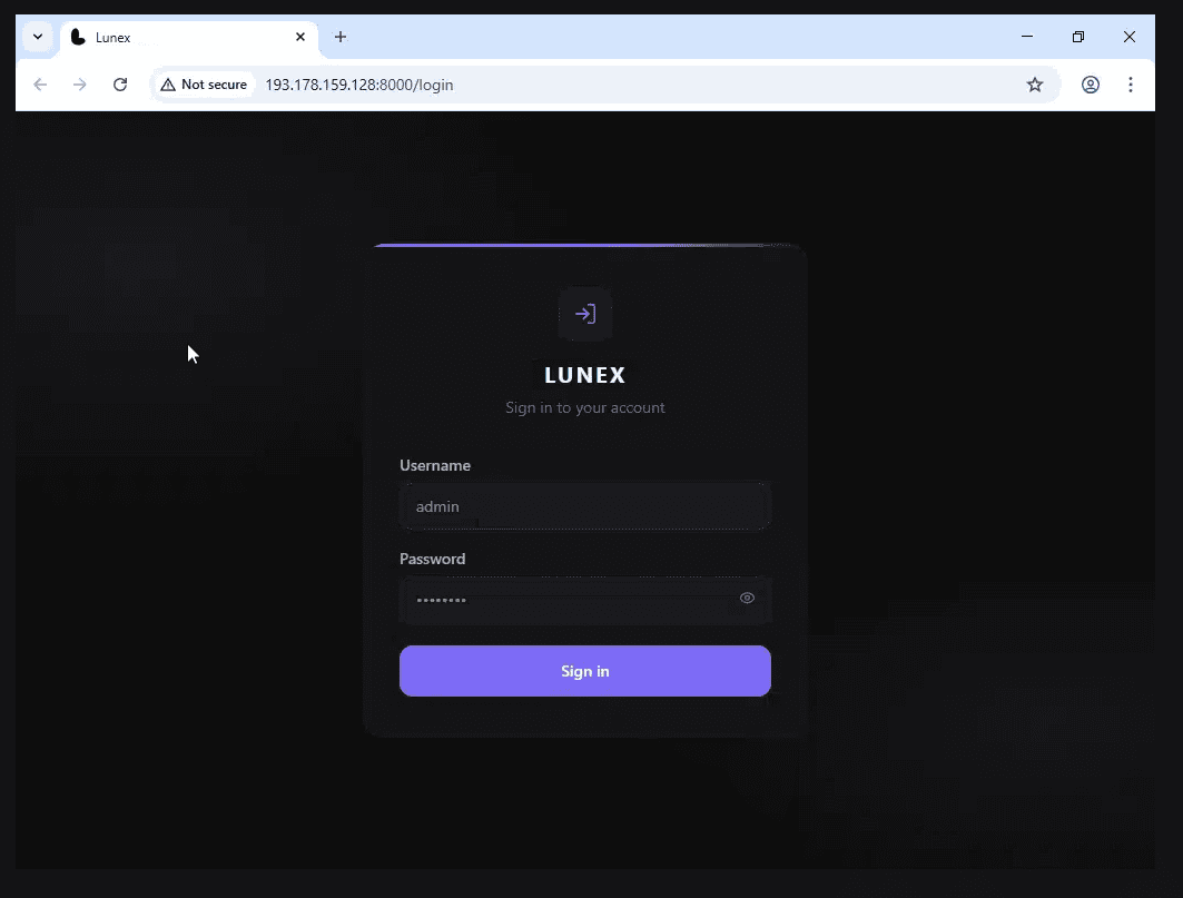 A dark-themed Lunex login page is shown in a web browser, with a centered sign-in panel containing username and password fields and a Sign in button.
