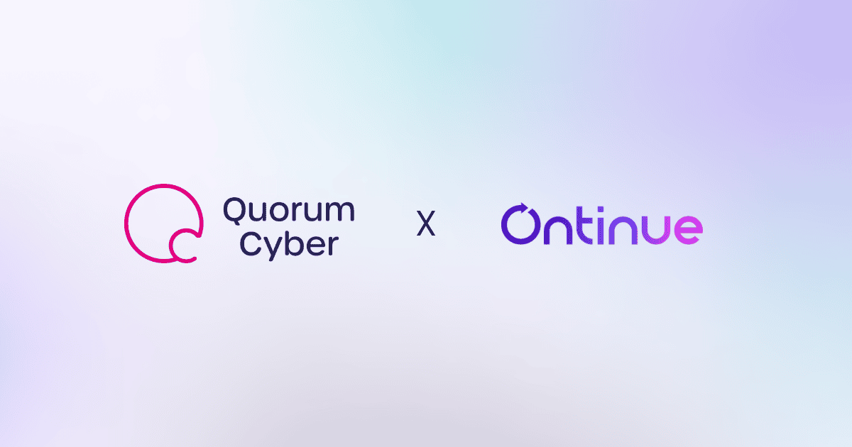 Quorum Cyber and Ontinue logos appear side by side on a light gradient background, separated by an X.