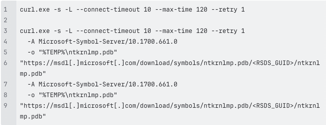 A text editor shows repeated curl.exe commands downloading ntkrnlmp.pdb from Microsoft symbol URLs.