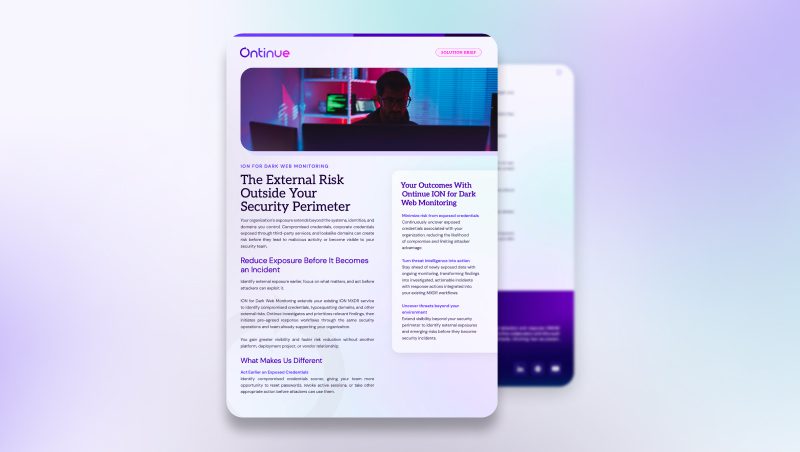 A laptop browser mockup shows an Onkinue security article titled "The External Risk Outside Your Security Perimeter," displayed on a white card with a purple-gradient screen behind it.