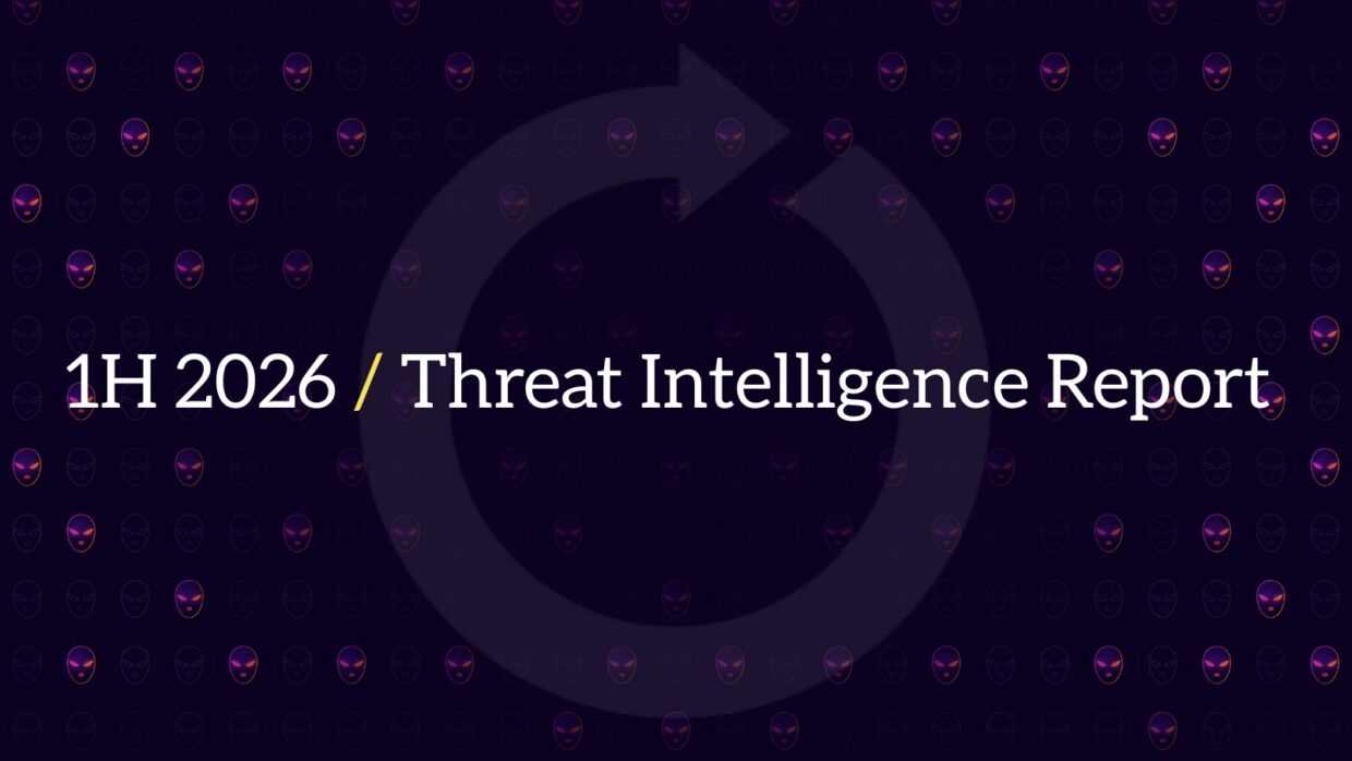Title slide reading “1H 2026 / Threat Intelligence Report” on a dark purple background with a large circular arrow symbol and small skull icons.