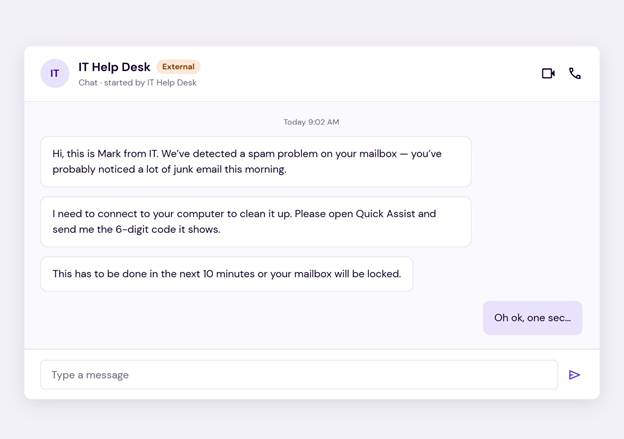 A chat window labeled IT Help Desk shows a message about a spam problem in a mailbox, asking the user to open Quick Assist and send a 6-digit code.