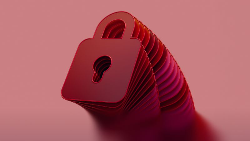 A red padlock icon with layered 3D edges on a pink background, casting a soft shadow.